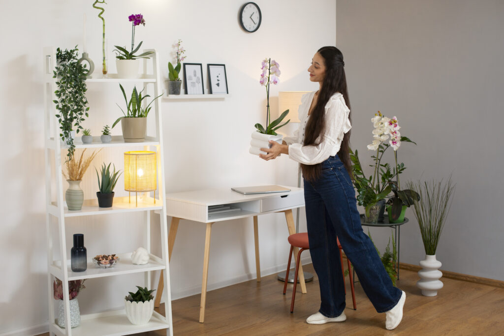 woman decorating her home with orchid flower