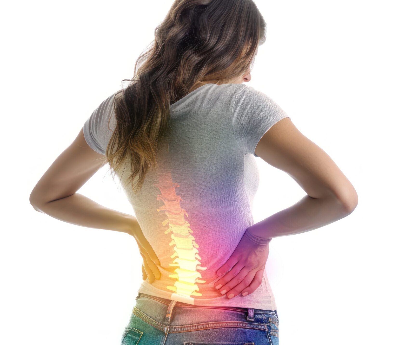 Woman Experiencing Lower Back Pain with Spinal Illustration